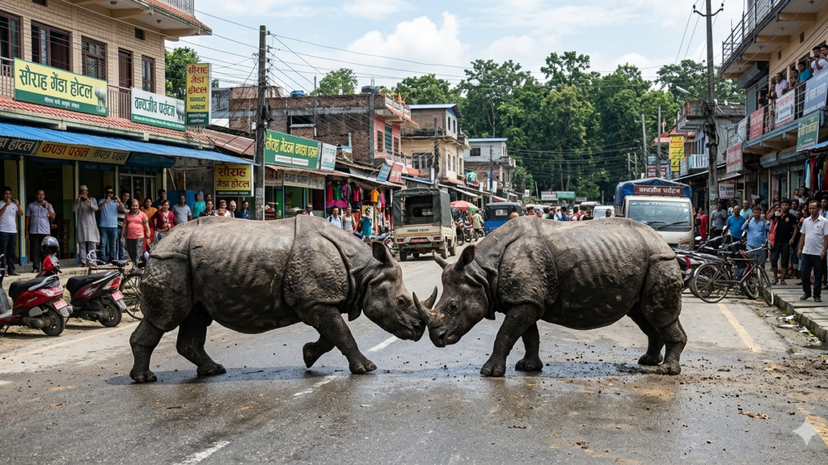 नेपाळच्या बाजारात गेंड्यांची ‘टक्कर’ Rhino Fight in Nepal