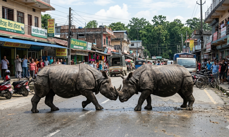 नेपाळच्या बाजारात गेंड्यांची ‘टक्कर’ Rhino Fight in Nepal